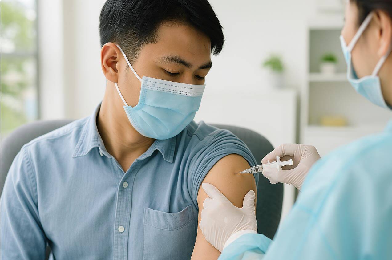 직장인이 건강검진을 받은 후 진료실에서 예방접종 받는 모습