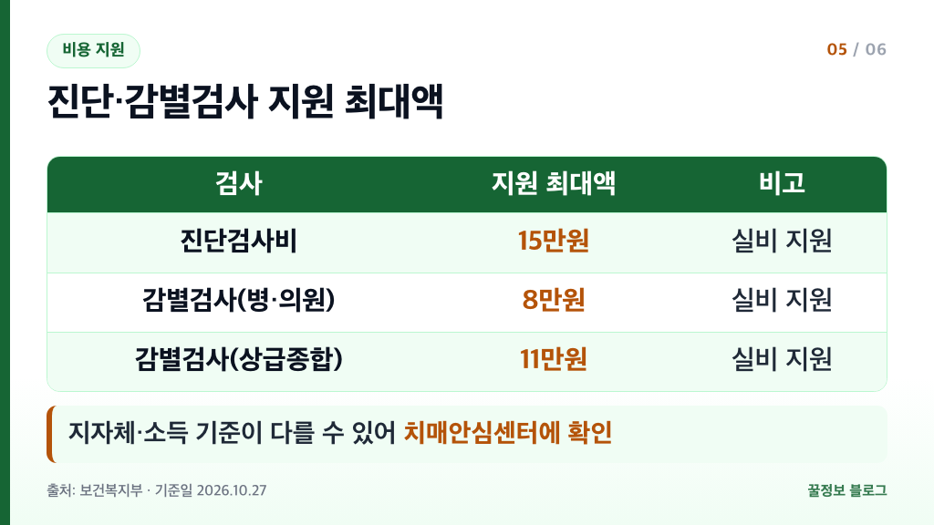 치매 진단검사비 최대 15만원 감별검사비 최대 11만원 지원 금액 비교표