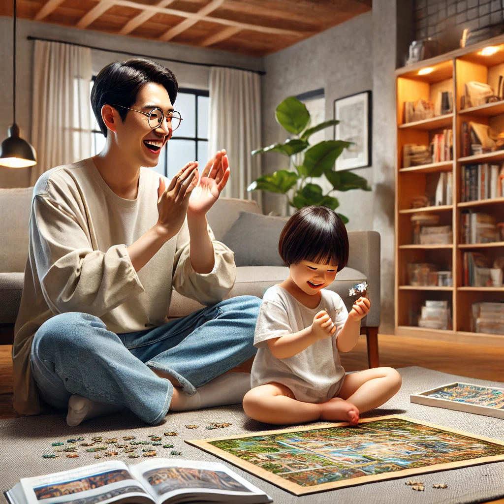 부모와 자녀가 현대적인 거실에서 퍼즐을 완성한 자녀를 부모가 박수로 칭찬하는 모습. 책장이 놓인 따뜻하고 아늑한 환경
