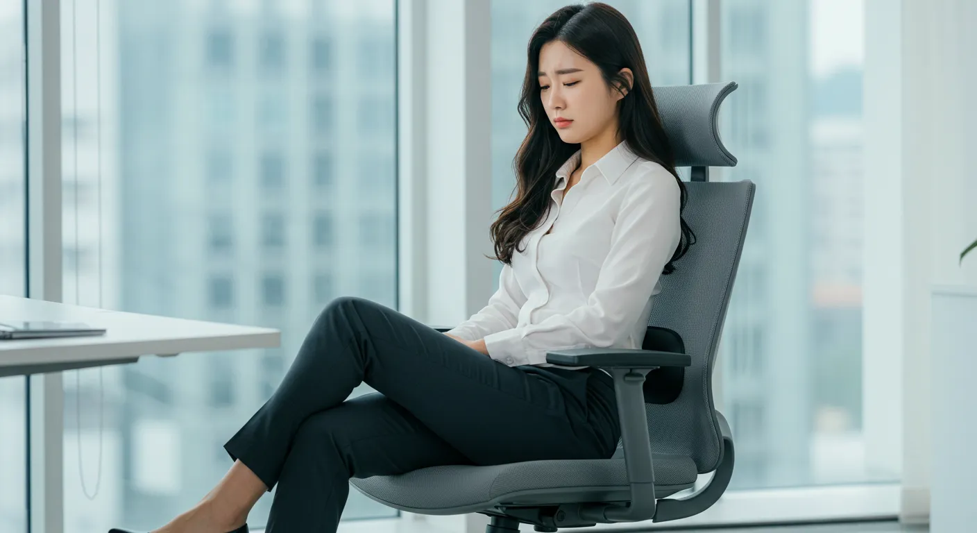 사무실 의자에 앉아 다리를 꼬고 있어 척추와 골반 건강에 무리를 주고 있는 여성의 모습