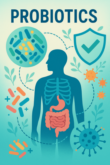 장 건강과 면역력 강화를 위한 프로바이오틱스(유산균) 인포그래픽. 사람의 소화기관과 면역체계, 유익균과 병원균 일러스트 포함.