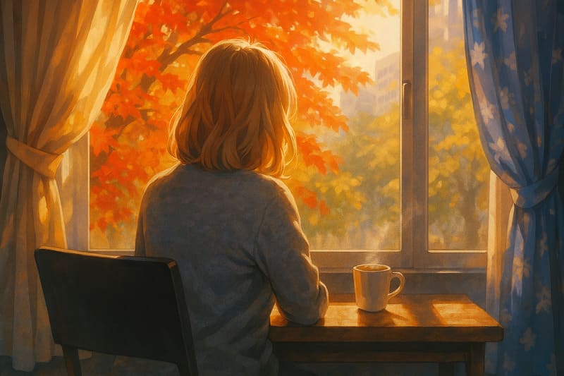 가을 햇살이 들어오는 창가에서 잠시 하루를 돌아보는 중년의 조용한 시간