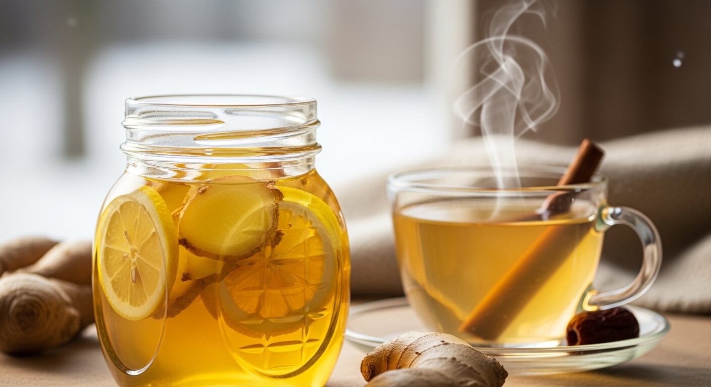 2025년 겨울, 따뜻한 생강차 한 잔과 함께 놓인 수제 생강청 유리병. 면역력 강화와 감기 예방에 좋은 건강 음료.