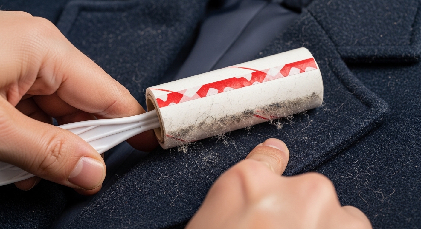 테이프 클리너를 이용해 외투의 먼지를 제거하는 클로즈업 샷
