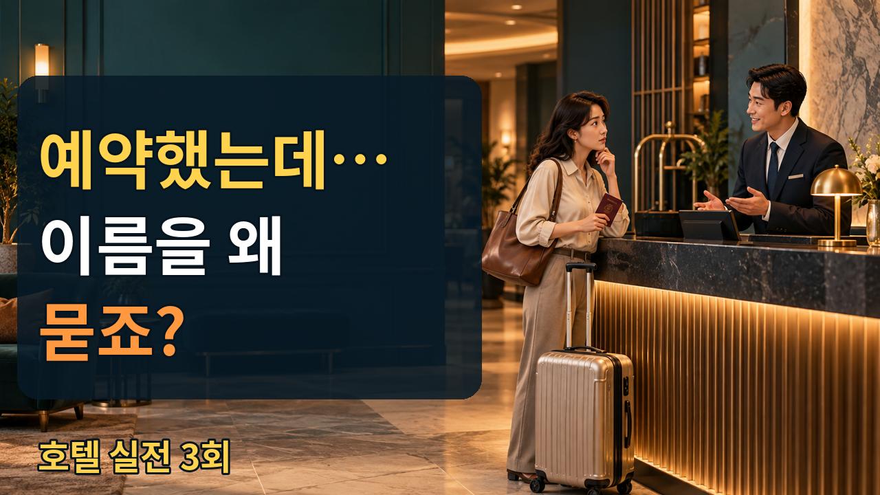 호텔 프런트에서 예약을 확인하는 여행객과 직원: 예약 이름·숙박일수 질문 듣기