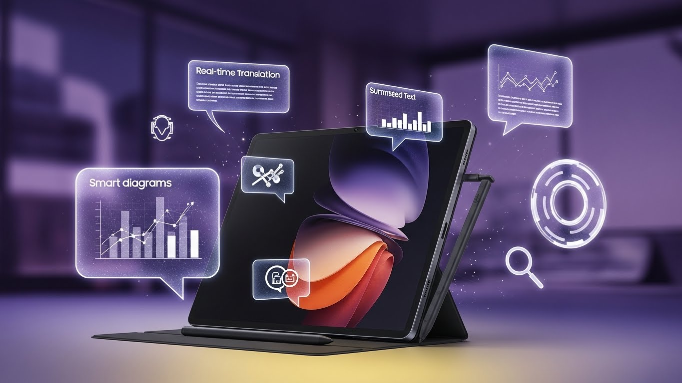 실시간 번역 버블, 요약된 텍스트 스니펫, 스마트 다이어그램, 검색 서클과 같은 AI 기능의 빛나는 추상적 표현으로 둘러싸인 세련된 삼성 갤럭시 탭 S11 Ultra의 미래지향적이고 생동감 넘치는 이미지입니다.