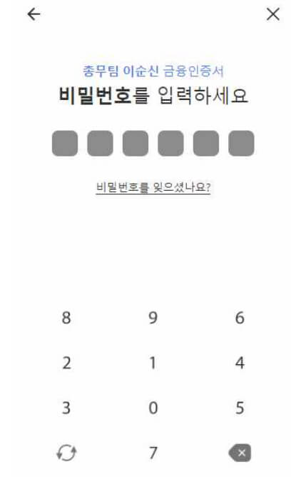 전자세금용 금융인증서 비밀번호 입력 화면