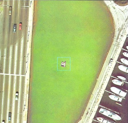 지상 100미터 상공에서 내려다본 도시 풍경. 넓은 초록 잔디밭 중앙에 소풍을 즐기는 두 사람이 작은 점처럼 보이고, 왼쪽에는 차들이 달리는 도로가, 오른쪽에는 정박된 요트들이 줄지어 선 마리나가 보인다. 인간의 존재가 도시와 자연의 광활함 속에서 얼마나 작고 섬세한지를 느끼게 하는 시점이다.