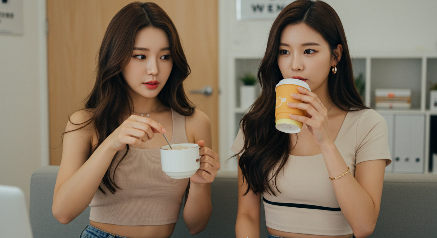탕비실에서 커피를 마시는 여인들