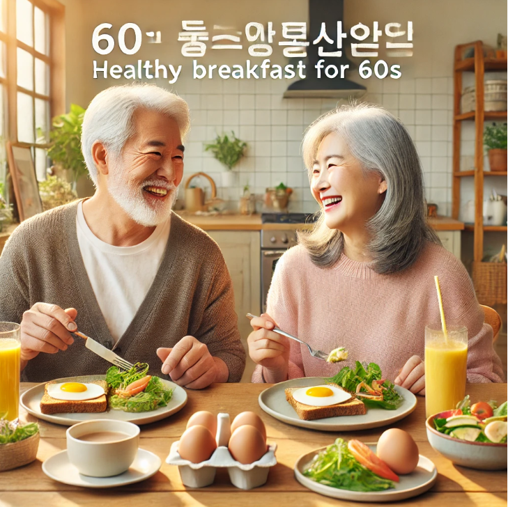 60대 부부가 건강한 아침 식사를 하고 있는 사진