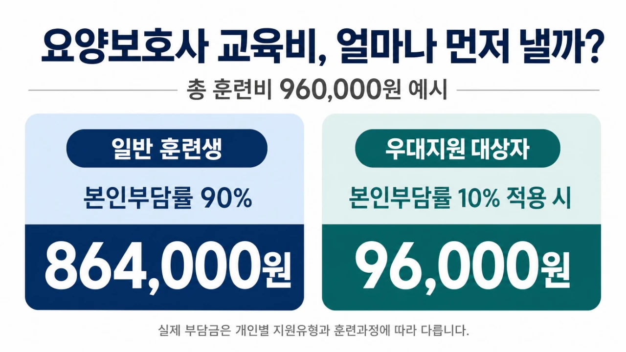 요양보호사 교육비 96만 원 기준 일반 훈련생 86만 4천 원과 우대지원 대상자 9만 6천 원의 최초 본인부담금 비교