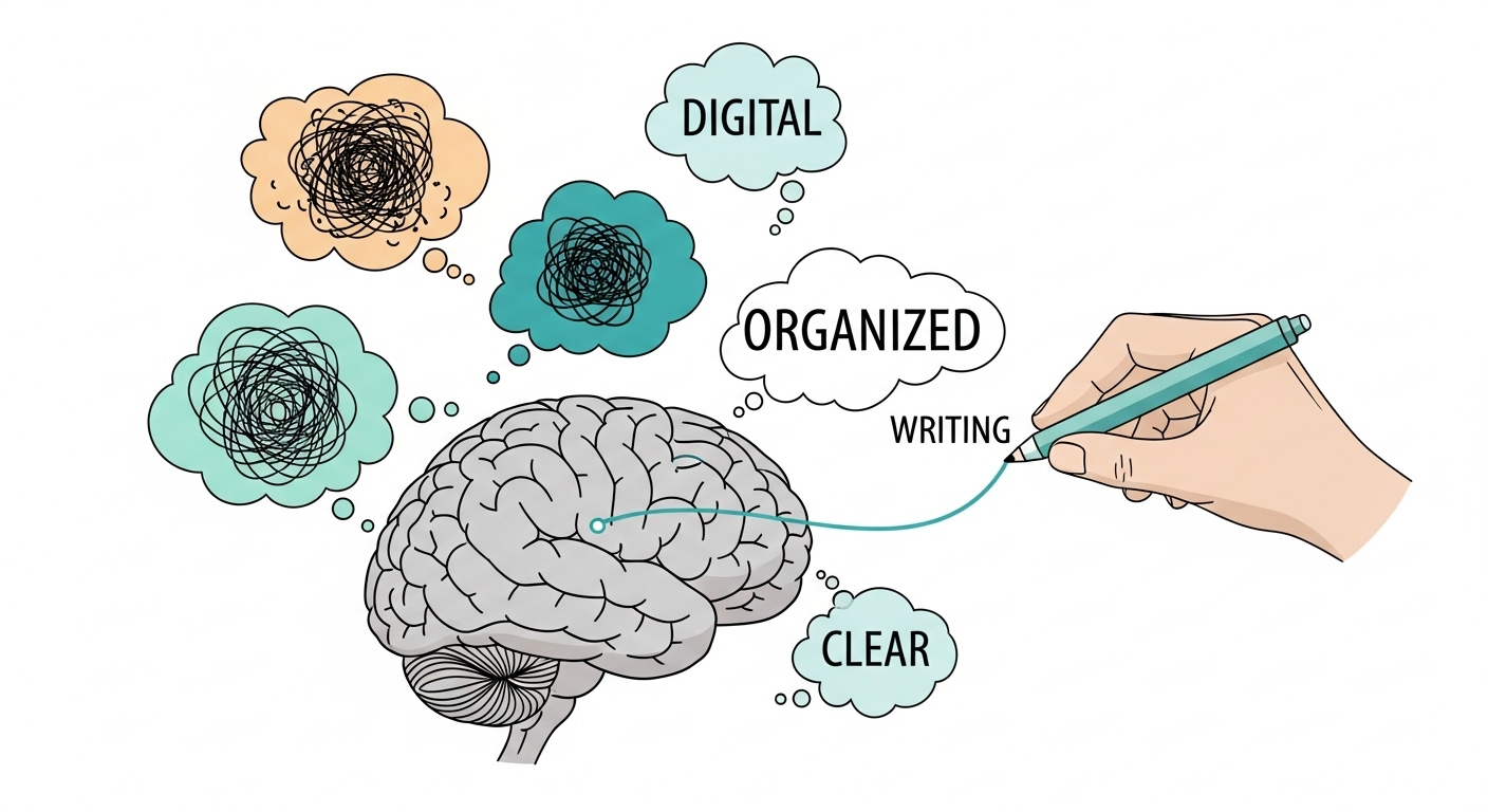 혼란스러운 생각들이 글쓰기를 통해 정리되고 있는 모습을 묘사한 일러스트. 틸과 라이트 그레이 색상이 사용되었다.