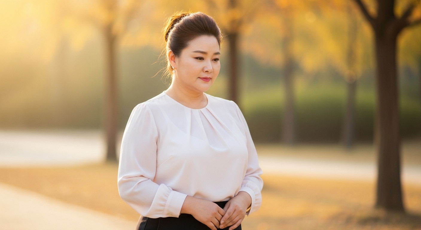 흰색 블라우스와 검은색 스커트를 입고 있는 단정한 중년 여성