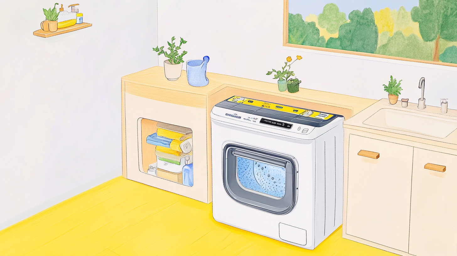 삼성 세탁기의 내부 청소 과정을 자세히 설명한 이미지, 깔끔한 세탁실에서 곰팡이와 냄새를 방지하는 단계 강조