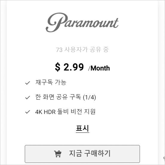 구독 공유 서비스인 고잉버스에서 파라마운트 ott를 공유하는 사람의 수는 73명으로 매우 적어 동네 파티 수준입니다.