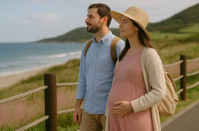 바닷가 산책로에서 태교 여행 중인 임산부와 남편, 자연 속에서 힐링과 휴식을 즐기는 부부의 모습