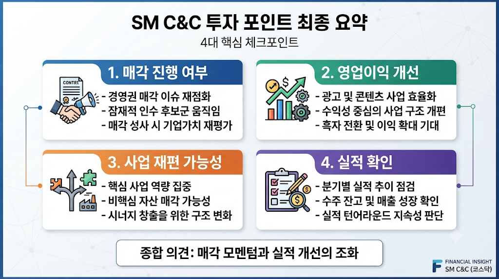 SM C&amp;C 주가 전망의 핵심 체크포인트를 정리한 요약 이미지