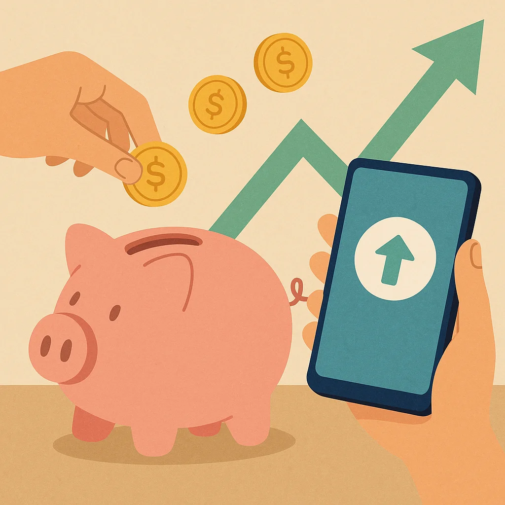 돼지 저금통에 동전을 넣으며 스마트폰의 상승 그래프를 함께 보는 일러스트, 자투리 돈 자동 투자 개념 표현