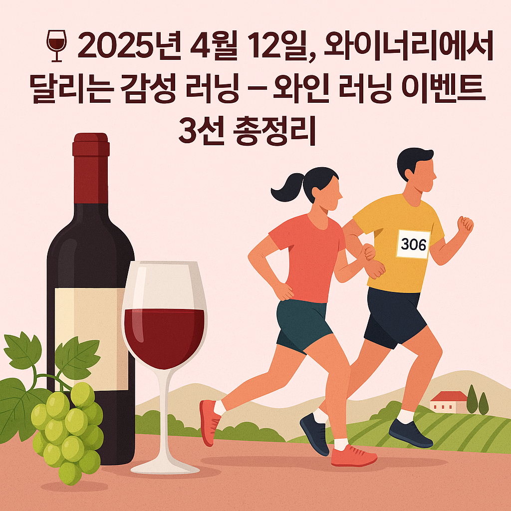 와인잔과 함께 와이너리에서 달리는 러너들이 그려진 일러스트