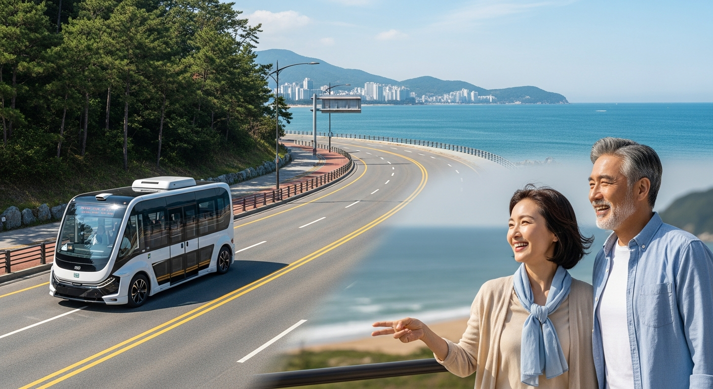 2026년 강릉의 전경, 자연과 미래 기술의 조화. 경포 해변 근처의 아름다운 해안 도로를 매끄럽게 달리는 세련된 자율주행 셔틀버스. 전경에는 행복해 보이는 한국인 중년 부부(검은색/짙은 갈색 머리의 젊어 보이는 액티브 시니어, 세련된 캐주얼 여행 복장)가 미소를 지으며 바다를 바라보고 있다. 날씨는 맑고 화창함.