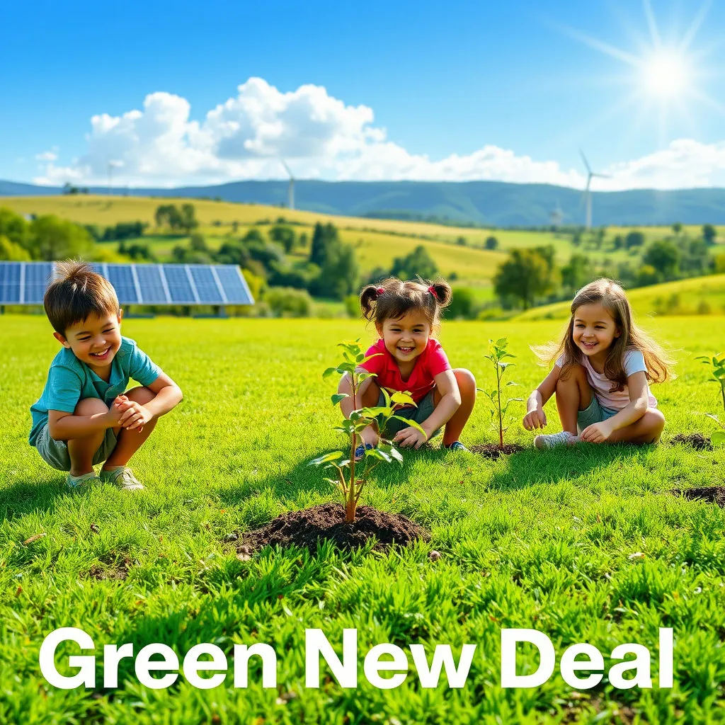 아이들이 푸른 잔디밭에서 뛰어놀거나 나무를 심는 모습, 그 뒤로 깨끗한 환경과 친환경 기술이 어우러진 풍경이 펼쳐져 있습니다. 희망적이고 따뜻한 느낌을 줍니다.