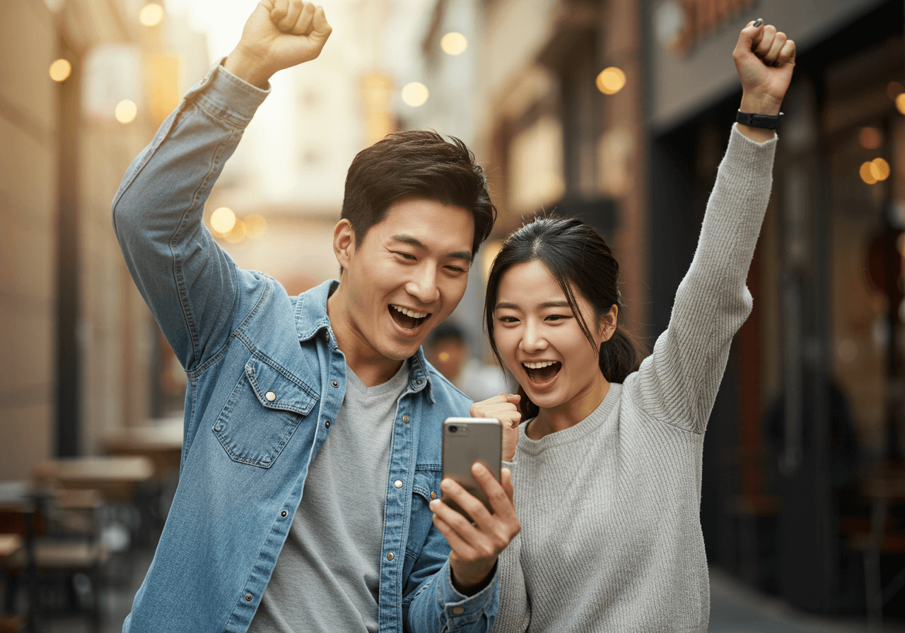 스마트폰으로 상생소비복권 당첨 알림을 확인하고 기뻐하며 환호하는 한국인 부부