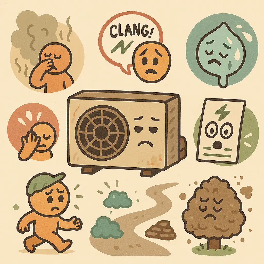 고장 신호를 보내는 실외기 캐릭터 주변에 냄새, 소음, 열, 전기요금, 먼지를 상징하는 감정 아이콘이 떠 있는 팀 버튼 스타일 일러스트