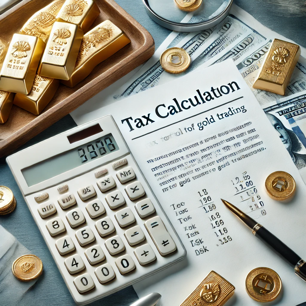 세금 계산기와 서류 - 금 거래 시 세금 계산을 상징하는 이미지