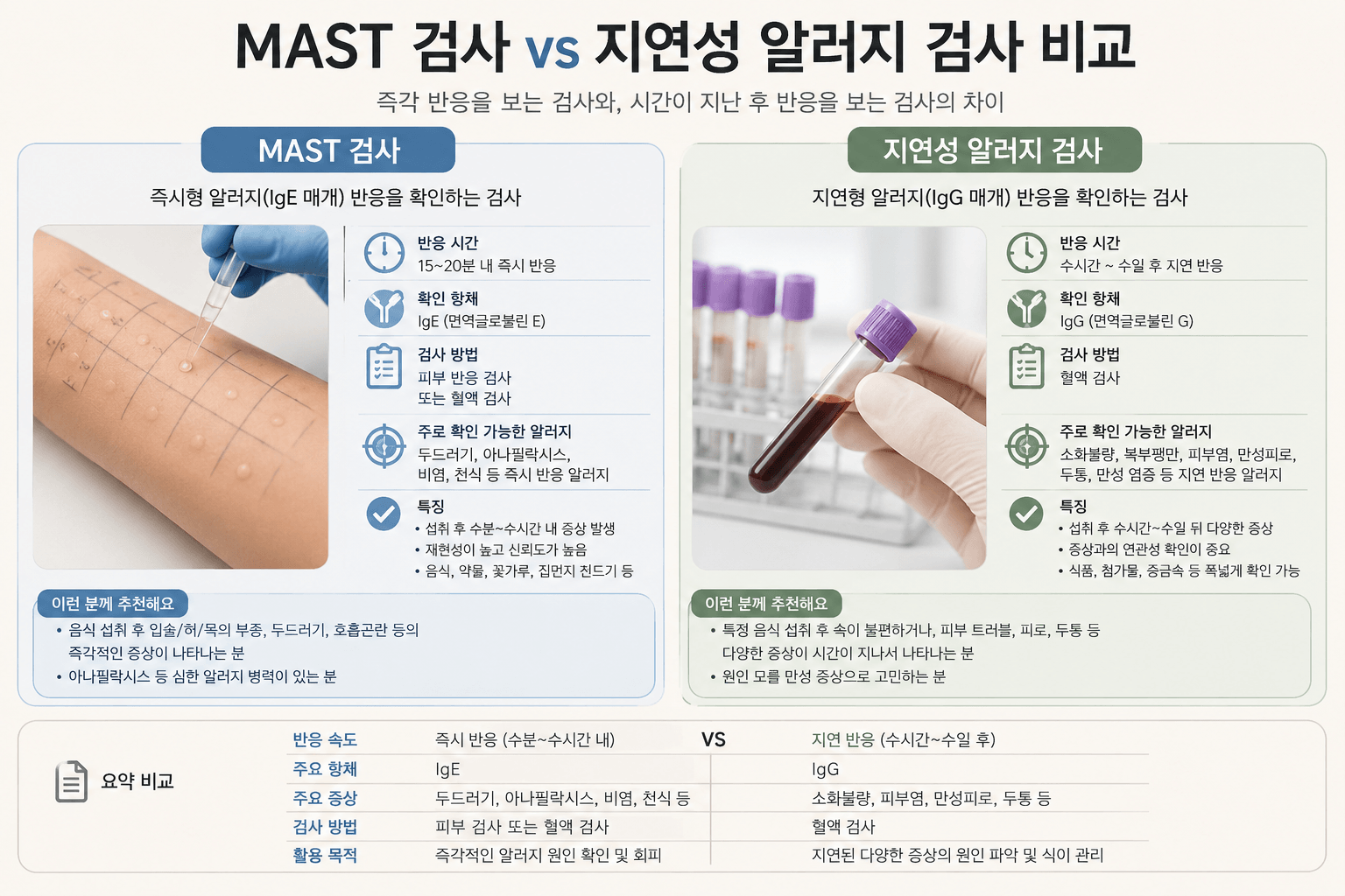 MAST 검사와 지연성알러지 검사 비교 내용