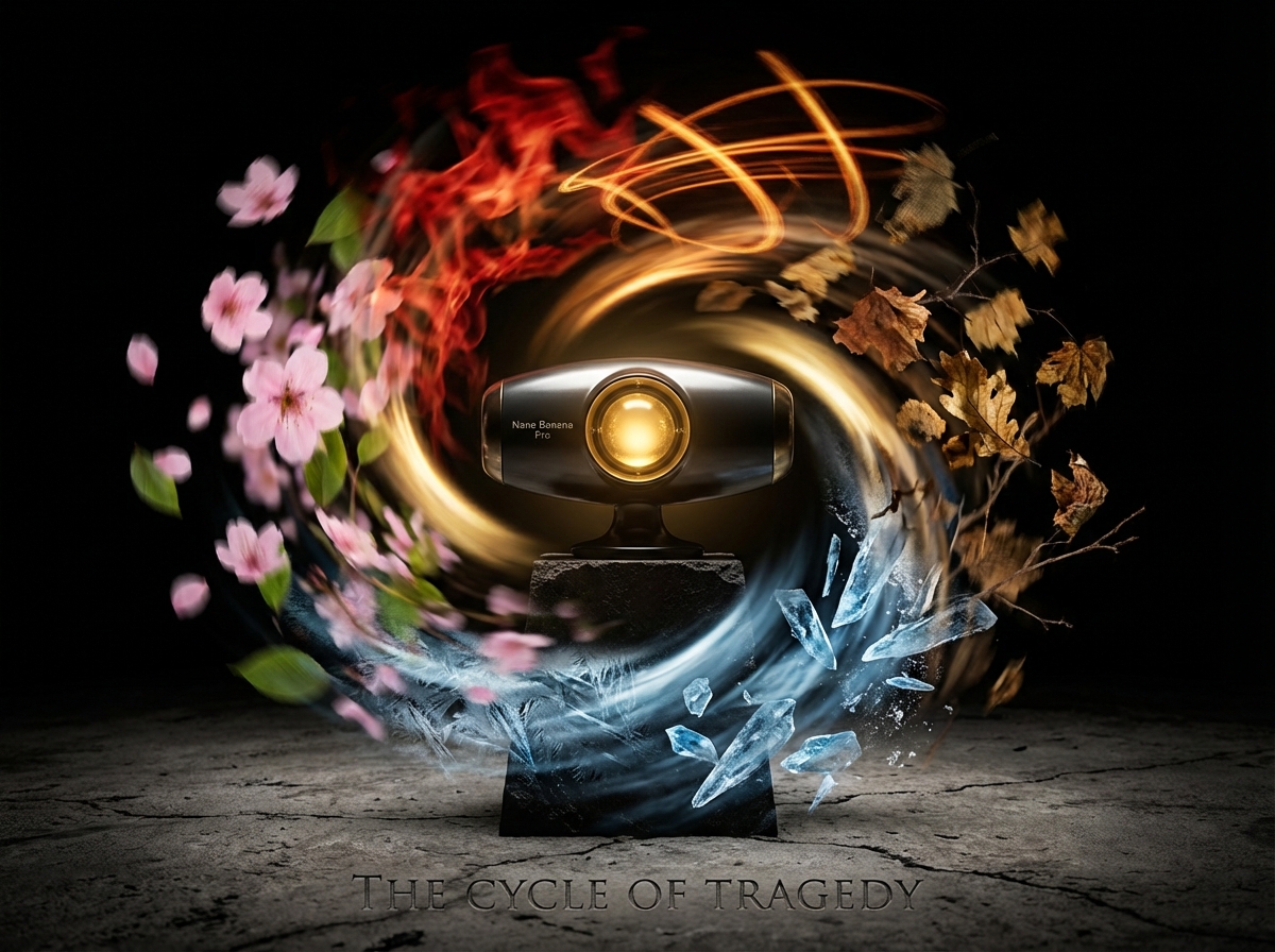 중앙에 hyper-realistic하면서 매끄러운 디자인의 기기가 부드러운 황금빛을 뿜어내고 있다. 기기를 중심으로 사계절이 소용돌이치며 연결된다: 분홍빛 벚꽃(봄)이 강렬한 열기와 붉은 왜곡(여름)으로 으깨지고, 건조하게 부서지는 금빛 낙엽(가을)을 지나 날카롭고 푸른 얼음 결정(겨울)으로 얼어붙는다.