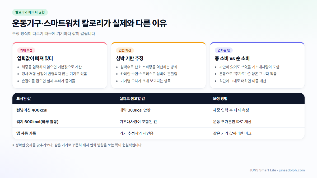 운동기구와 스마트워치 칼로리 추정 오차 도식