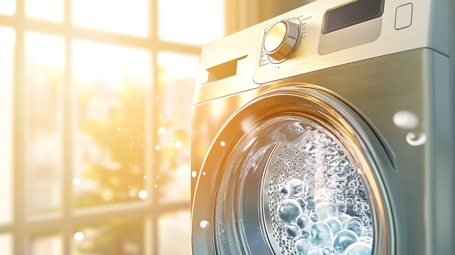 삼성 세탁기의 에코버블 기술이 작동 중인 모습을 클로즈업으로 보여주는 장면. 세탁기의 혁신적인 기술이 돋보이는 세탁 과정.