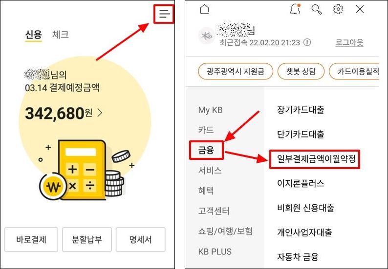 KB국민카드 애플리케이션에서 일부결제금액이월약정 항목의 위치를 표시한 그림