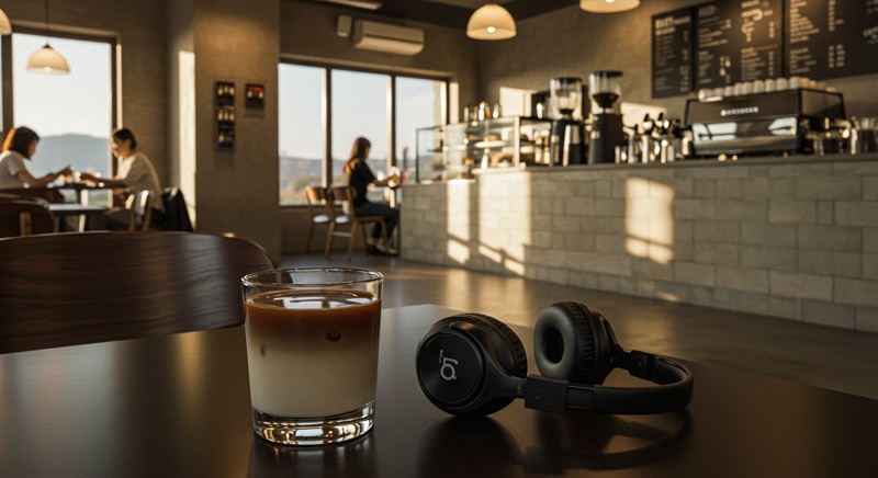 햇살이 스미는 카페의 오후, 군데군데 사람들이 커피를 마시며 얘기를 나누고 있고 테이블 위에는 아이스 라떼 한 잔과 헤드셋이 놓여 있습니다.