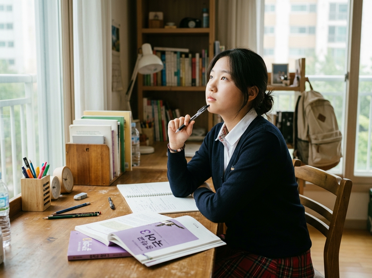 시험 대비 학습에 집중하는 중학생의 모습
