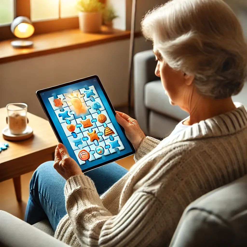 태블릿에서 두뇌 훈련 앱을 사용하는 노인&amp;#44; 집중하며 기억력과 문제 해결 능력을 자극하는 퍼즐을 푸는 모습.