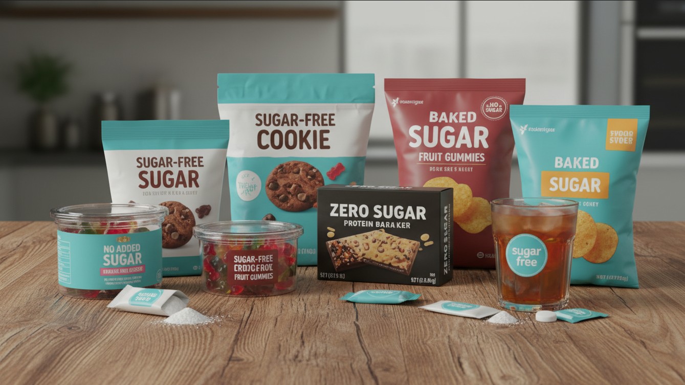 제로슈거 간식 트렌드를 상징하는 인공 감미료와 스낵 이미지