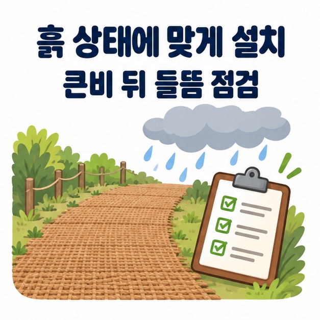 흙 상태에 맞춰 핀을 선택하고 비가 온 뒤 들뜸을 확인하라는 안내 일러스트