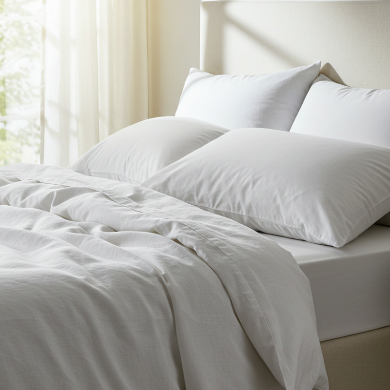 햇살 가득한 방의 하얀 침대