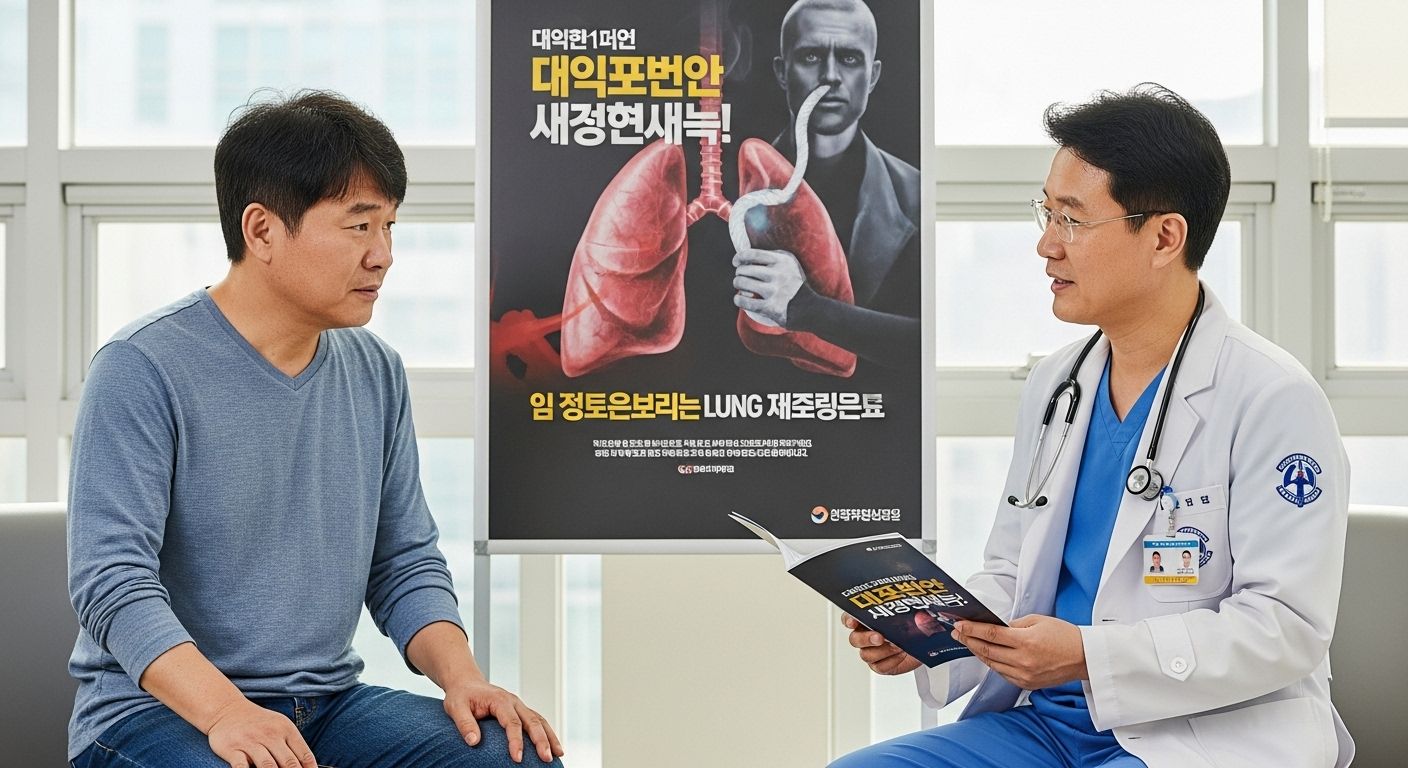 금연 캠페인 포스터 앞에서 폐암 검진 관련 상담받는 남성