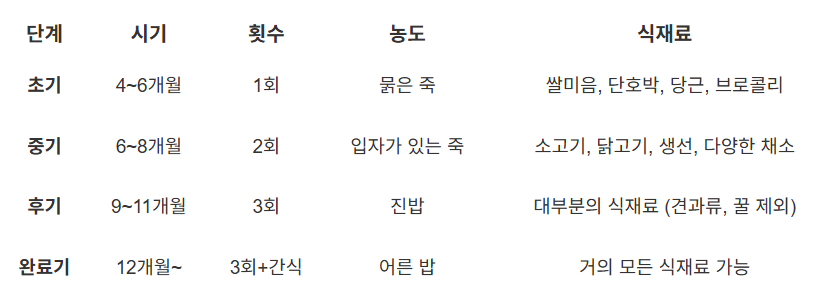 이유식 단계별 가이드 4~12개월 월령별 권장사항