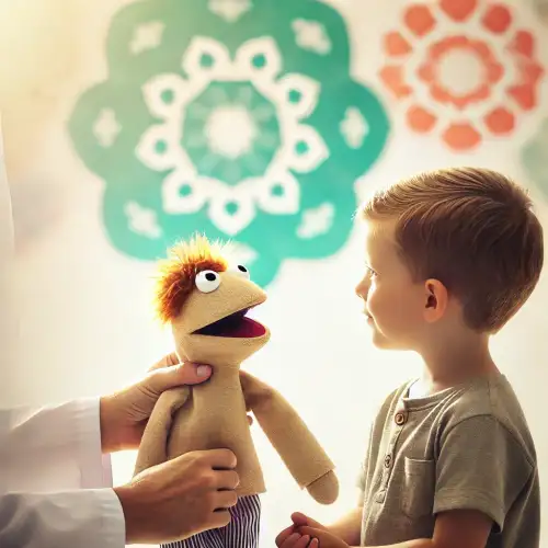 썸네일-인형 치료를 받는 어린이. 귀여운 인형과 대화하며 감정을 표현하는 모습.