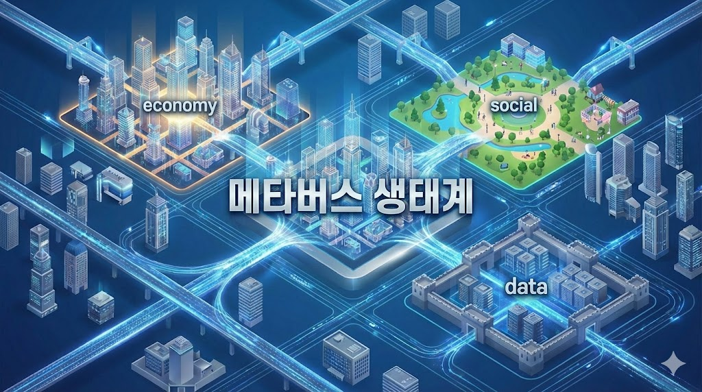 미래지향적인 메타버스 생태계와 가상 도시 레이아웃 구조도