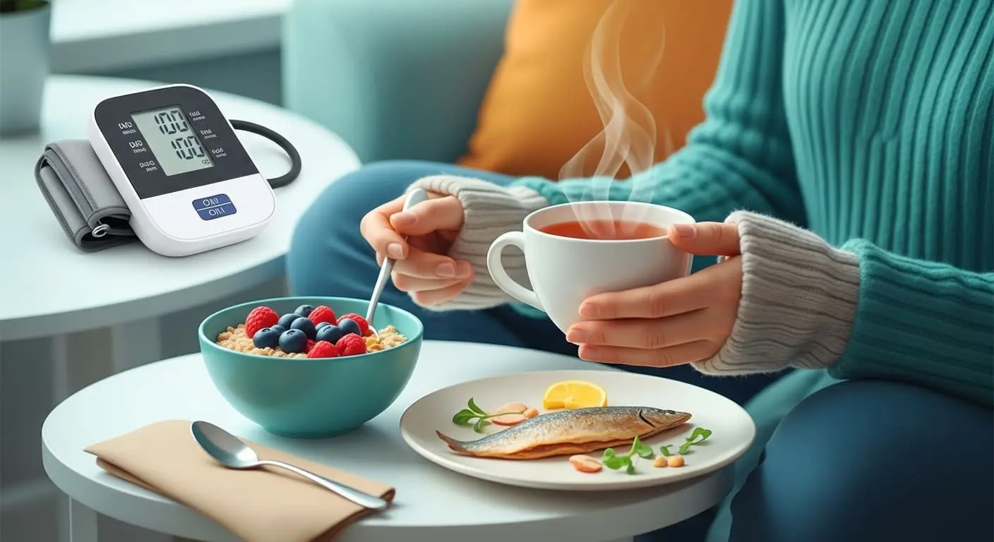 따뜻한 실내에서 건강한 식사를 하고 혈압계를 바라보는 사람의 모습, 겨울철 건강 관리를 상징
