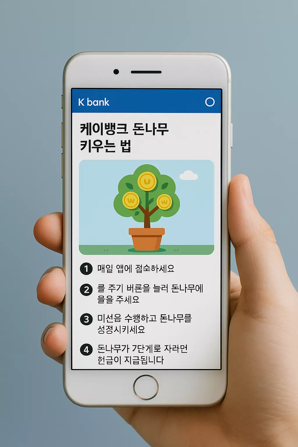 케이뱅크 돈나무 키우는 법 안내 이미지 - 앱 접속, 물주기, 미션 완료 후 보상까지 한눈에 설명