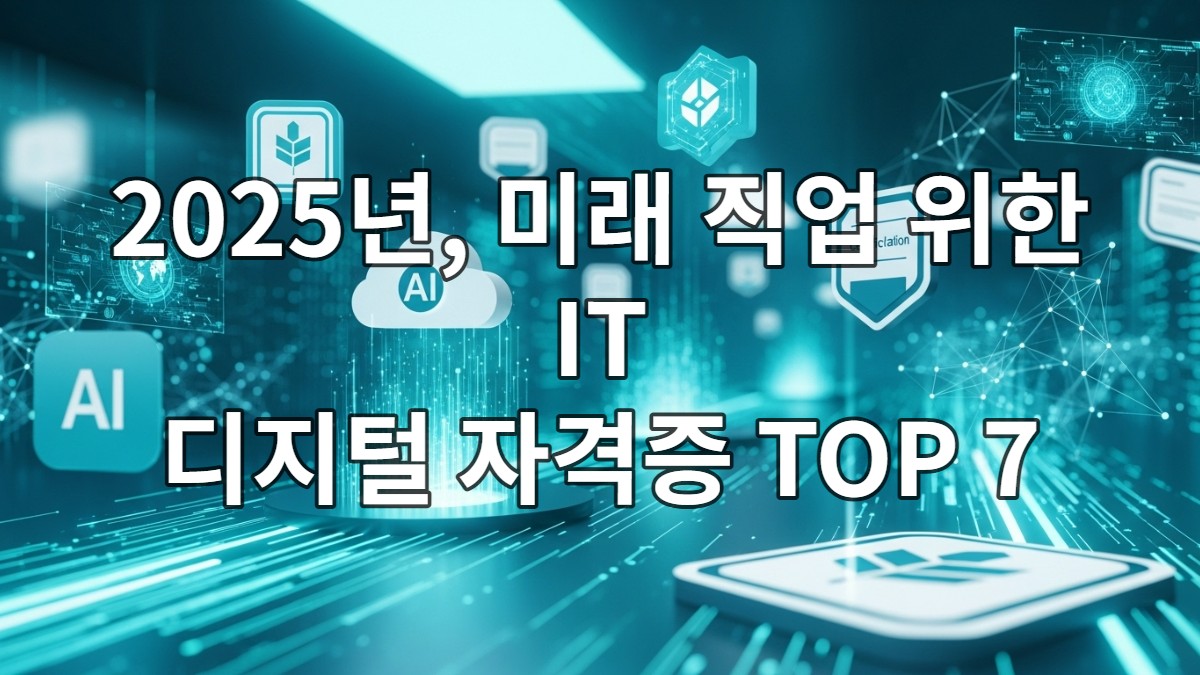 미래 기술과 디지털 자격증 배지가 떠다니는 역동적인 디지털 풍경. AI, 클라우드, 사이버 보안, 블록체인 등 다양한 IT 기술이 융합된 모습으로 미래 직업 준비의 중요성을 상징합니다.