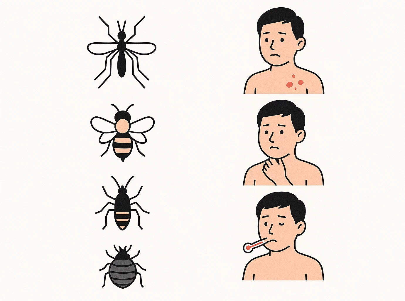 모기, 벌, 말벌, 진드기, 빈대 등 주요 곤충 아이콘과 각각의 증상(발진, 부종, 호흡곤란, 발열 등)
