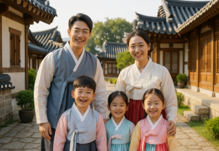 전주에서 한옥 문화 체험 하고 있는 가족 모습