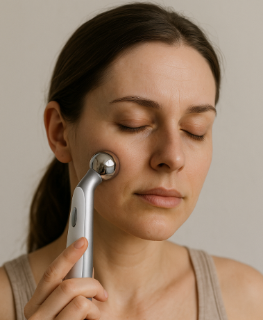 EMS롤러를 사용하고 있는 여성 사진