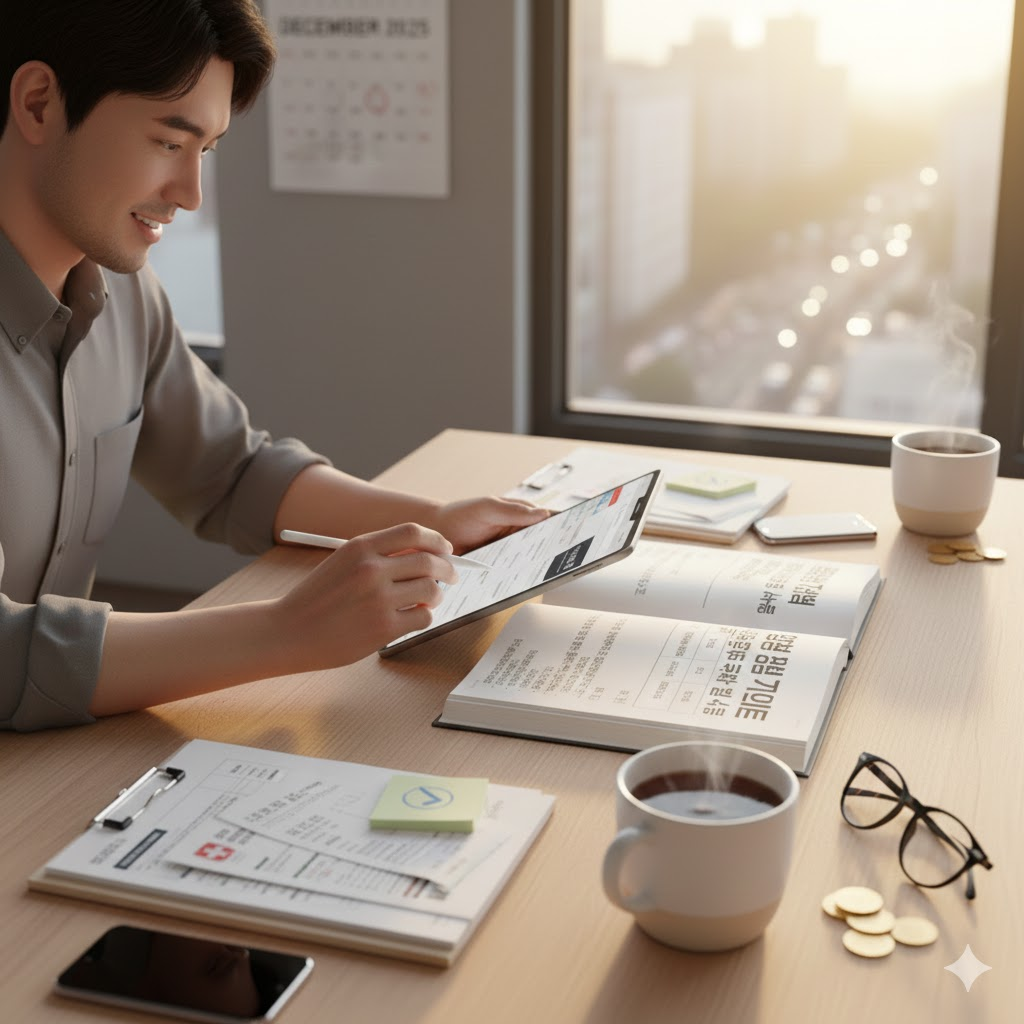 햇살이 비치는 깔끔한 나무 책상 위에 연말정산 완벽 가이드 책이 펼쳐져 있고, 커피잔, 서류철, 노트북, 스마트폰(화면에 31일 표시), 금화 등이 놓여 있는 모습입니다